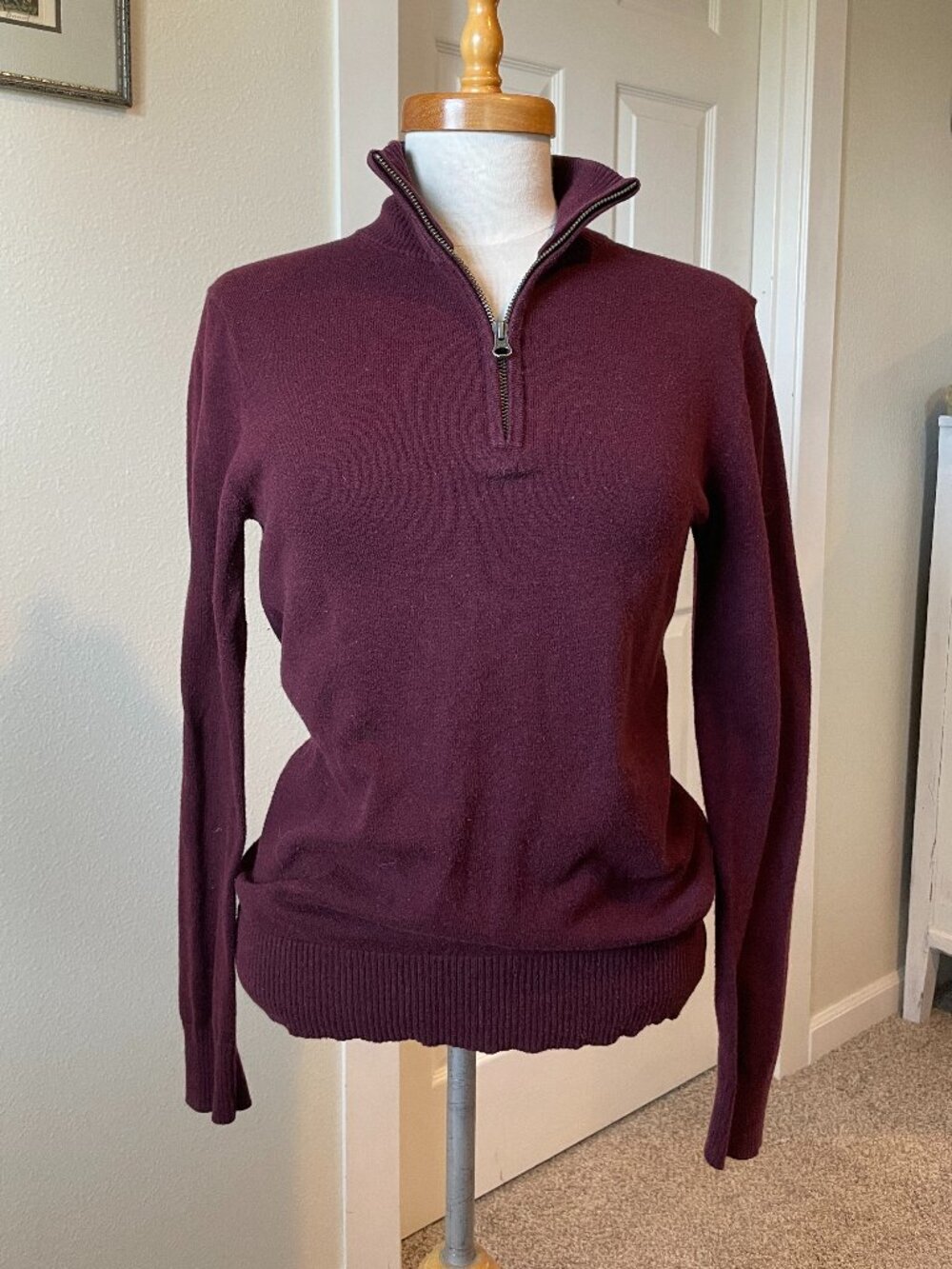 Mens Slim XS J Crew 3/4 Zip Maroon/Burgundy Cotton Blend